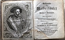 Frontpage of "Geschichte der Wiedertäufer" (History of the Anabaptists of Münster in Vestfalia) (1771).jpg