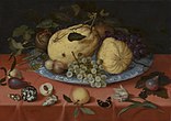 Fruit still life with shells and a tulip label QS:Len,"Fruit still life with shells and a tulip" label QS:Lpl,"Owocowa martwa natura z muszlami i tulipanem" label QS:Lnl,"Fruitstilleven met schelpen en een tulp" . 1620. oil on panelmedium QS:P186,Q296955;P186,Q106857709,P518,Q861259. 46 × 64.5 cm (18.1 × 25.3 in). The Hague, Royal Picture Gallery Mauritshuis.