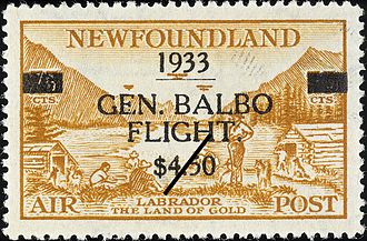 Overprinted 75-cent Newfoundland airmail stamp for the July 1933 General Balbo flight General Balbo Flight, Labrador, The Land of Gold, Air .jpg