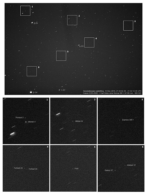 A 5° × 6° view of a part of the geostationary belt, showing several geostationary satellites. Those with inclination 0° form a diagonal belt across th