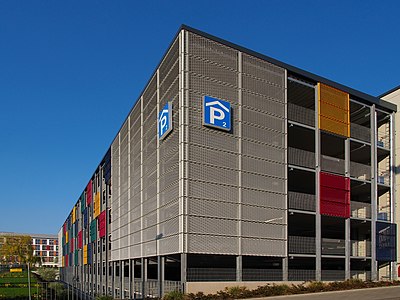 Car park building of university hospital, Gießen, Germany, in late afternoon sunlight