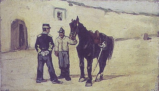 591 Officers and soldier on horseback label QS:Len,"Officers and soldier on horseback" 1890