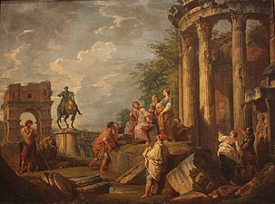 Giovanni Paolo Pannini, Ruines d'architecture avec l'arc de Janus, le temple de Vesta et la statue équestre de Marc-Aurèle (1743), château de Pau.