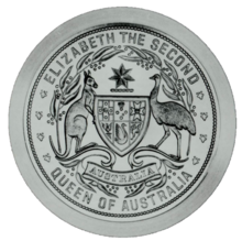 Great Seal of Australia depicting the coat of arms of Australia. Above the words 'Elizabeth the Second' and below 'Queen of Australia'