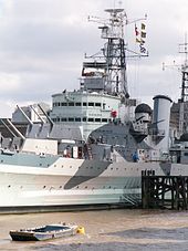 After modernisation; showing the enclosed bridge, lattice mast and twin 40 mm Bofors mountings. HMS Belfast 4 db.jpg