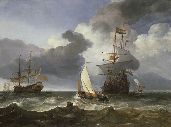 Hendrik Jacobsz. Dubbels (1621-1707) - A Smalschip with Two Dutch East Indiamen Coming to Anchor - BHC0917 - Royal Museums Greenwich.jpg