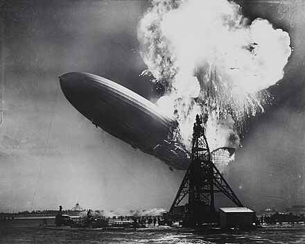 A 1937 photograph of the burning LZ 129 Hindenburg taken by news photographer Sam Shere, used on the cover of the band's debut album and extensively on later merchandise