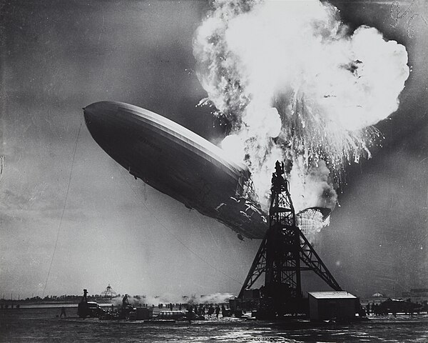 A 1937 photograph of the burning LZ 129 Hindenburg taken by news photographer Sam Shere, used on the cover of the band's debut album and extensively o