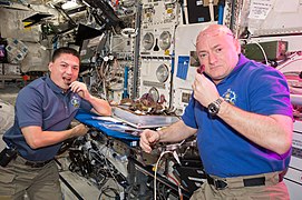 Scott Kelly mange de la salade cultivée dans l'ISS avec son collègue Kjell Lindgren pendant la One year Mission.