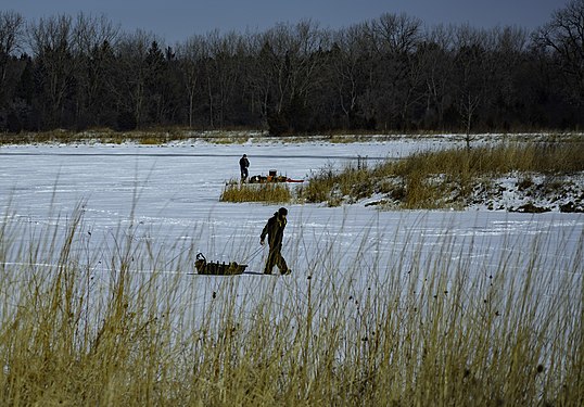 Ice Fishing at Mallard Lake Forest Preserve in DuPage County, Illinois USA