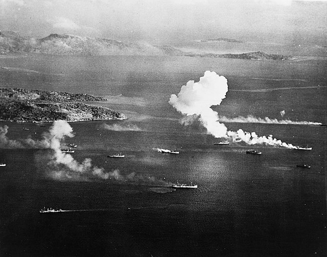 Japanese shipping under attack in Truk Lagoon during Operation Hailstone on 17 February 1944