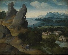 Joachim Patinir, Flight into Egypt. At right the miracle of the corn, at top left the falling idol