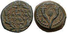 Prutah of John Hyrcanus (134 to 104 BCE) with the ancient Hebrew inscription "Yehochanan Kohen Gadol Chaver Hayehudim" ("Yehochanan the High Priest, Chaver of the Jews") John Hyrcanus.jpg