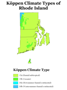 Koppen climate types of Rhode Island, using 1991-2020 climate normals. Koppen Climate Types Rhode Island.png