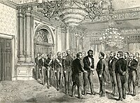 King Kalakaua of Hawaii meets President Grant at the White House on his state visit, 1874.
Published January 2, 1875 Kalakaua Grant state visit 1874.jpg