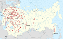 General routes of deportation during the Dekulakization across the Soviet Union in 1930-1931 Karte Entkulakisierung.png