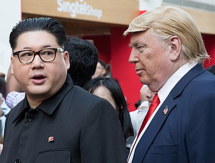 Impersonators of Kim Jong-un (Howard X) and Donald Trump (Dennis Alan) during the 2018 North Korea–United States Singapore Summit