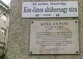 Kiss János altábornagy emléktáblája Budapest XII. kerületében (Kiss János altábornagy utca 40.)