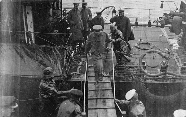 Field Marshal Herbert Kitchener boarding Iron Duke on 5 June 1916