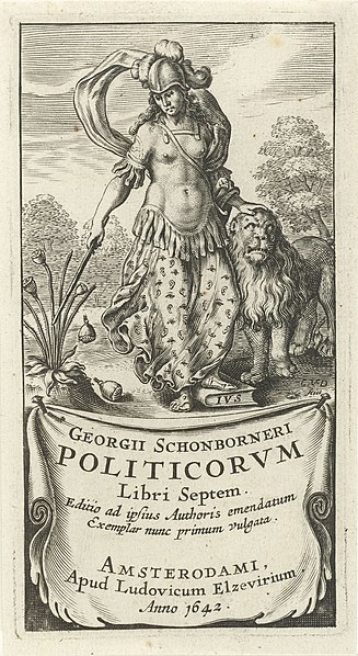 File:Kracht als vrouwelijke soldaat in wapenrusting met leeuw Titelpagina voor Politicorvm libri septem, Amsterdam 1642 Politicorvm libri septem (titel op object), RP-P-1886-A-10955.jpg