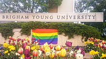 BYU has been ranked as the worst large US university for LGBT persons. LGBT Flag on BYU Sign.jpg