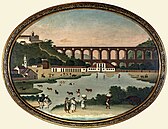 Pintura de Leandro Joaquim dos Arcos da Lapa e a Lagoa do Boqueirão, onde o parque foi construído. Fez parte da decoração do Passeio Público. Coleção do Museu Histórico Nacional