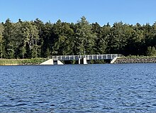 Lake Ashmere Dam, facing south from a kayak.