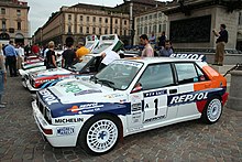 Carlos Sainz's and the Jolly Club team's 1993 Lancia Delta HF Integrale at the Lancia centenary celebrations in Turin in 2006. Lancia Delta HF Integrale 01.jpg