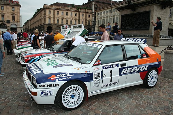 Carlos Sainz's and the Jolly Club team's 1993 Lancia Delta HF Integrale at the Lancia centenary celebrations in Turin in 2006.