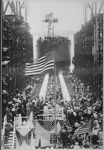 File:Launching the Quistconck, first completed at Hog Island shipyards. The President and Mrs. Wilson are standing on the pla - NARA - 533742.tif