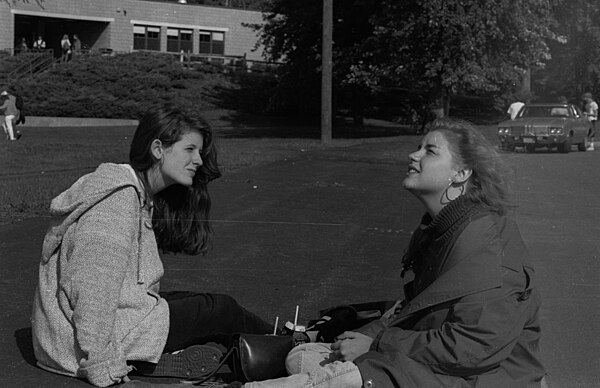 Scene outside new high school building, 1990