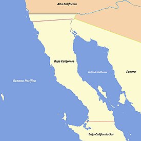 Evolution of the political boundaries of the Californias:
.mw-parser-output .legend{page-break-inside:avoid;break-inside:avoid-column}.mw-parser-output .legend-color{display:inline-block;min-width:1.25em;height:1.25em;line-height:1.25;margin:1px 0;text-align:center;border:1px solid black;background-color:transparent;color:black}.mw-parser-output .legend-text{}
Palou Line (1804-1836)
Gila River; border between Las Californias/Alta California and Sonora (1767-1847)
Treaty of Guadalupe Hidalgo (1848-Present)
Baja California Sur boundary (1931-Present) Limites de las Californias.jpg