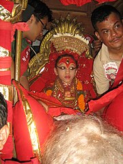 Living Goddess Kumari in Chariot during Indrajatra festival in Kathmandu.JPG