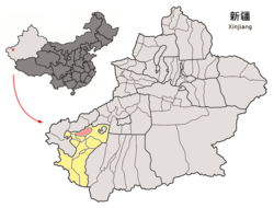 Location of Jiashi / Peyziwat County (red) and Kashgar Prefecture (yellow) within Xinjiang