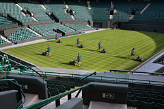 Preparing the lawn in Court #1. RATC Wimbledon, London, UK