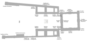 Plan of the Louvre showing the names and locations of the pavilions