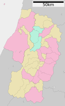 Karta över Yamagata prefektur Städer:      Signifikanta städer      Övriga städer Landskommuner:      Köpingar      Byar
