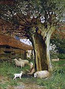 Meisje met schapen onder een holle boom, 1907