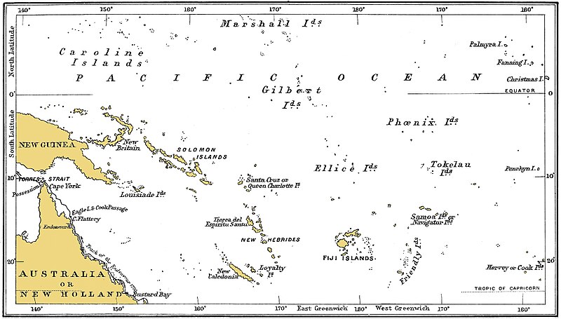 Map of Melanesia with track of the Endeavour along the northeast coast of Australia