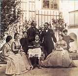 Israel Melchior: Family group at Rolighed with Hans Christian Andersen and Moritz G. Melchior
