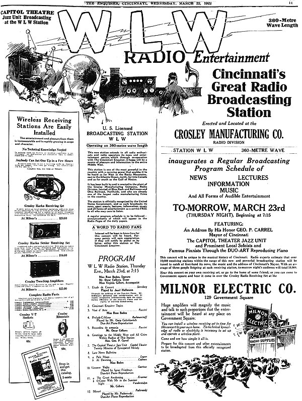 WLW held its debut broadcast on March 23, 1922. Crosley brand "Harko" receivers were available for purchase to listen to the programs.