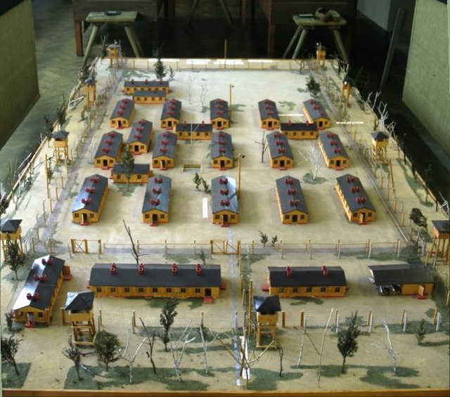 Model of the set used to film The Great Escape. It depicts a smaller version of a single compound in Stalag Luft III. The model is now at the museum n