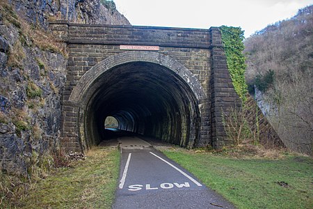 Transport: Monsal Trail in January 2018, a former railway line in UK with tunnels, now for (slow) bicycle and horse riding, walking in landscapes of UK.