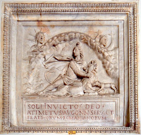Bas-relief depicting the tauroctony. Mithras is depicted looking to Sol Invictus as he slays the bull. Sol and Luna appear at the top of the relief.