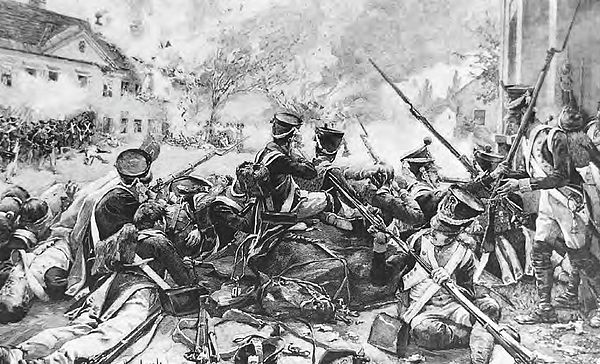 Fighting in the streets of Essling. Beleaguered French infantry exchanges fire with Austrian troops in the distance.