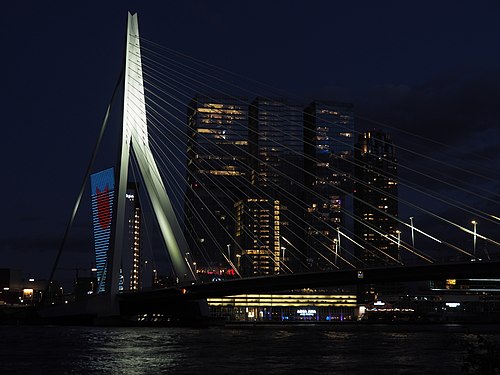 Blue hour in Rotterdam: Erasmusbridge and De Rotterdam building