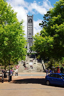 Church Steps (sometimes called the Cawthron Steps) from Trafalgar Street up to the 60's bell tower of Nelson's Christ Church Cathedral NZL-nelson-christ-church-turm.jpg