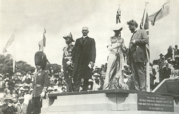 The ceremony for the naming of Canberra, 12 March 1913. Prime Minister Andrew Fisher is standing, centre, in dark suit. To his right is the Governor-G