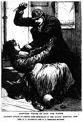 February 1889 National Police Gazette illustration referencing the Whitechapel murders National Police Gazette - 16 February 1889 - Another Victim of Jack the Ripper.jpg