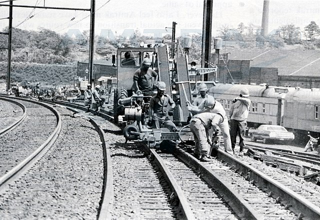 Northeast Corridor Improvement Project track work in April 1979